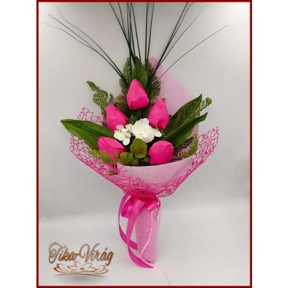 Illatos 5 virágos Pink Tulipán-hortenzia szappanvirág csokor 